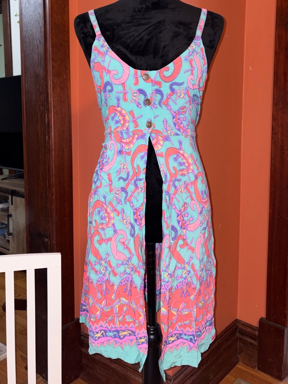 Vintage Rainbow-Jo Turquoise Coral & Purple Print Button-Front Dress